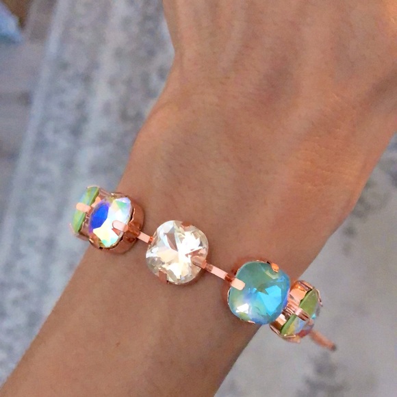 Aquamarine + Peridot AB Cushion Rose Gold Crystal Tennis Bracelet - Picture 10 of 11